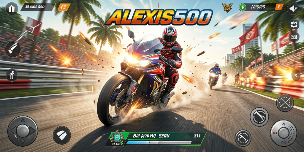 Gameplay seru ALEXIS500 dengan aksi balapan motor yang mendebarkan.