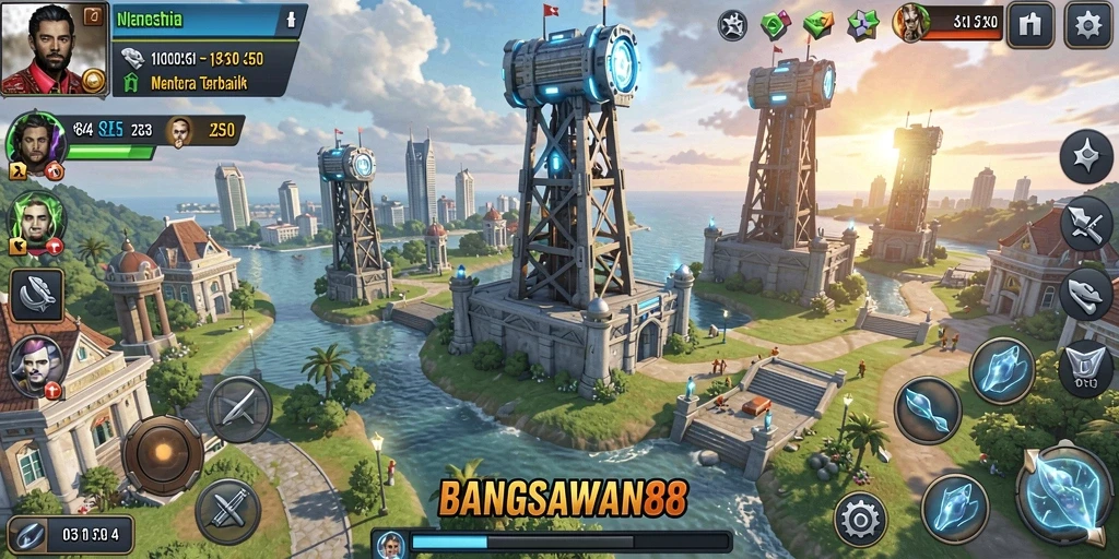 Screenshot aksi intens BANGSAWAN88 menampilkan pertahanan menara yang strategis.