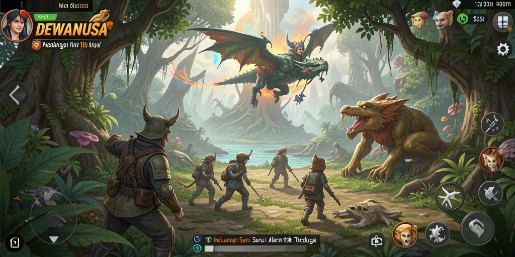 Screenshot gameplay DEWANUSA menampilkan karakter menjelajahi hutan yang misterius.