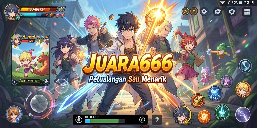 Tampilan gameplay JUARA666 dengan karakter anime yang dinamis dan cerita menarik.