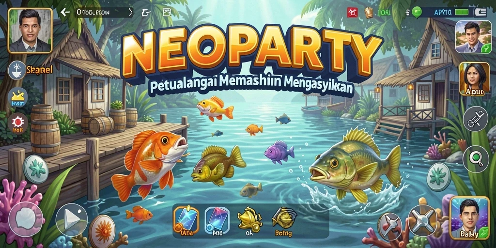 Tampilan gameplay NEOPARTY saat menangkap ikan di lokasi indah.