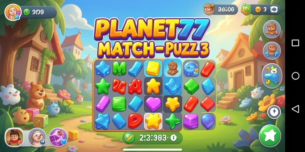 Tampilan gameplay seru dari PLANET77 yang penuh dengan tantangan Match-3.