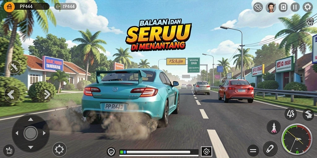 Screenshot gameplay PP444 menampilkan aksi balapan yang mendebarkan.
