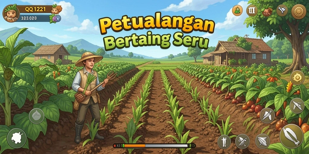 Tampilan gameplay QQ1221 dengan grafik ladang yang indah dan tanaman yang subur.