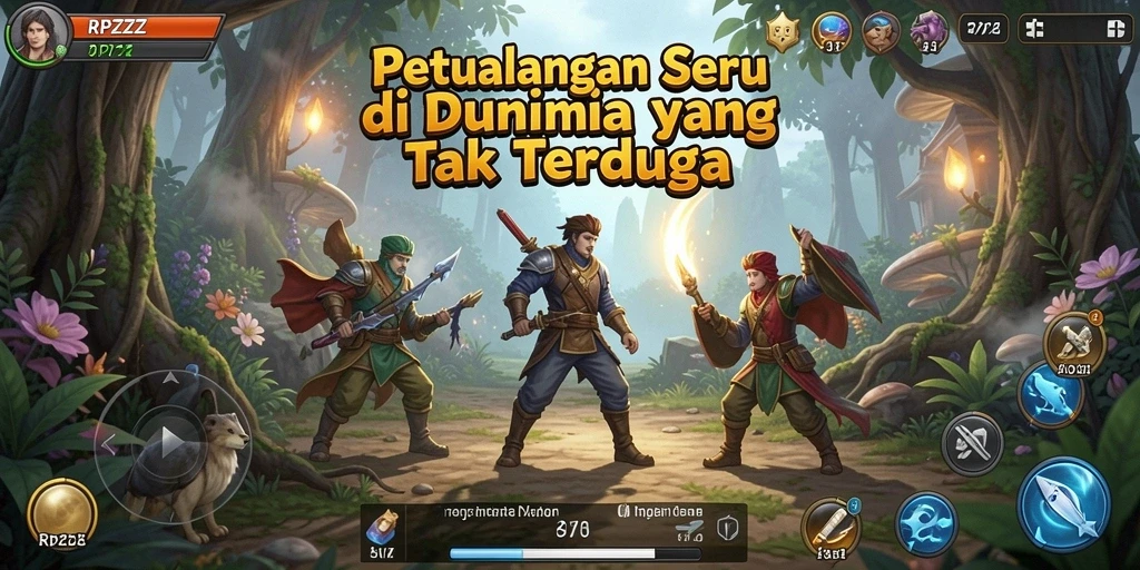 Screenshot utama RPZZZ menampilkan karakter menjelajahi hutan misterius.