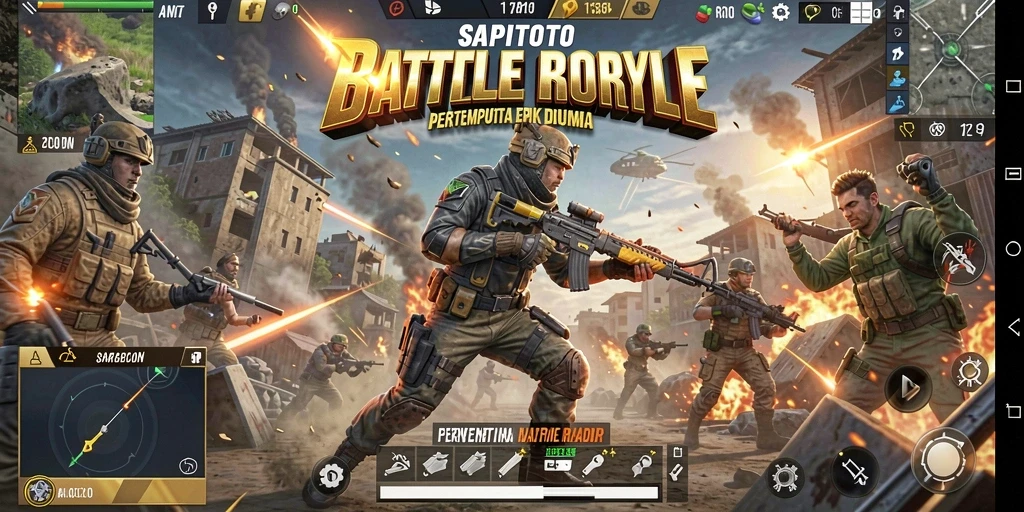 Screenshot SAPITOTO menampilkan aksi pertempuran intens di dunia Battle Royale.